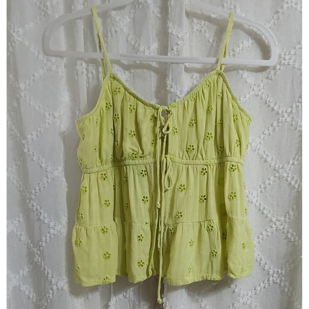 American Eagle Lime Green Eyelet Tiered Peplum Cami Top Large Tie Front Boho
